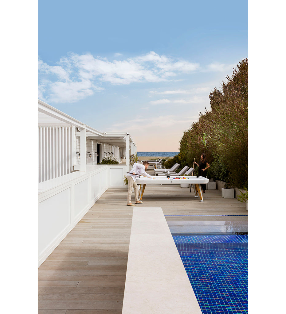 lifestyle, RS Barcelona Diagonal 8&#39; Outdoor Pool Table - White Frame DIPTOUTA8