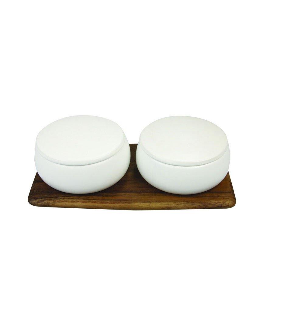 Be Home Stoneware Container Set of 2 with Acacia Tray, White