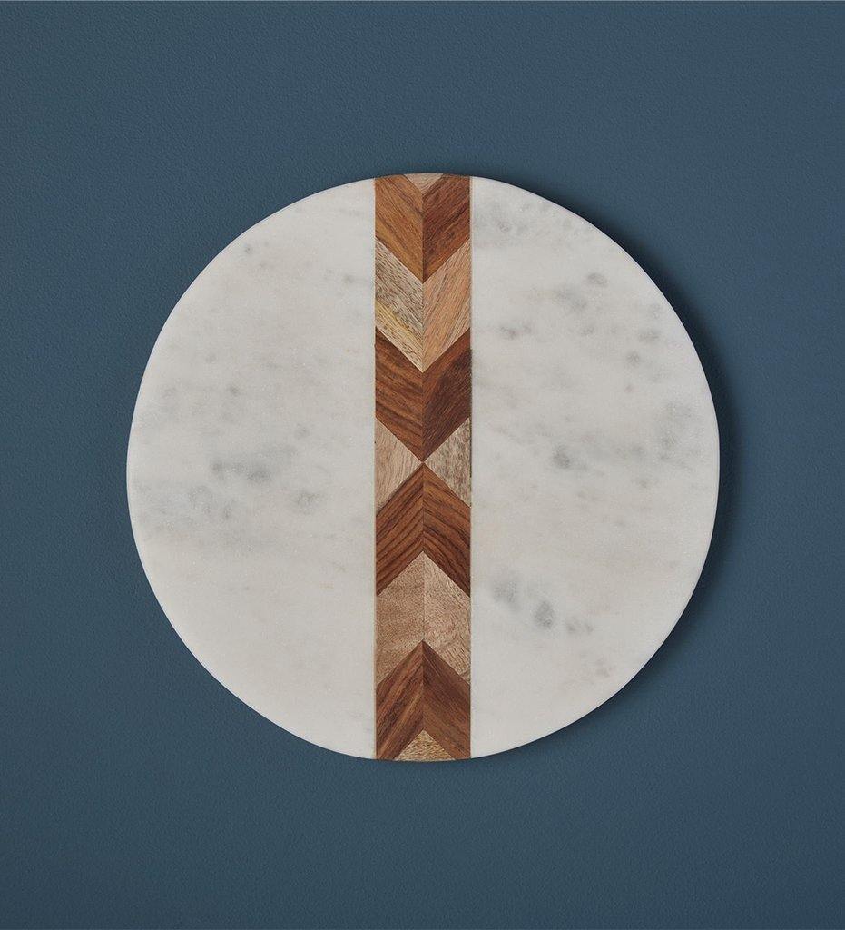 White Marble &amp; Wood Mosaic Round Board