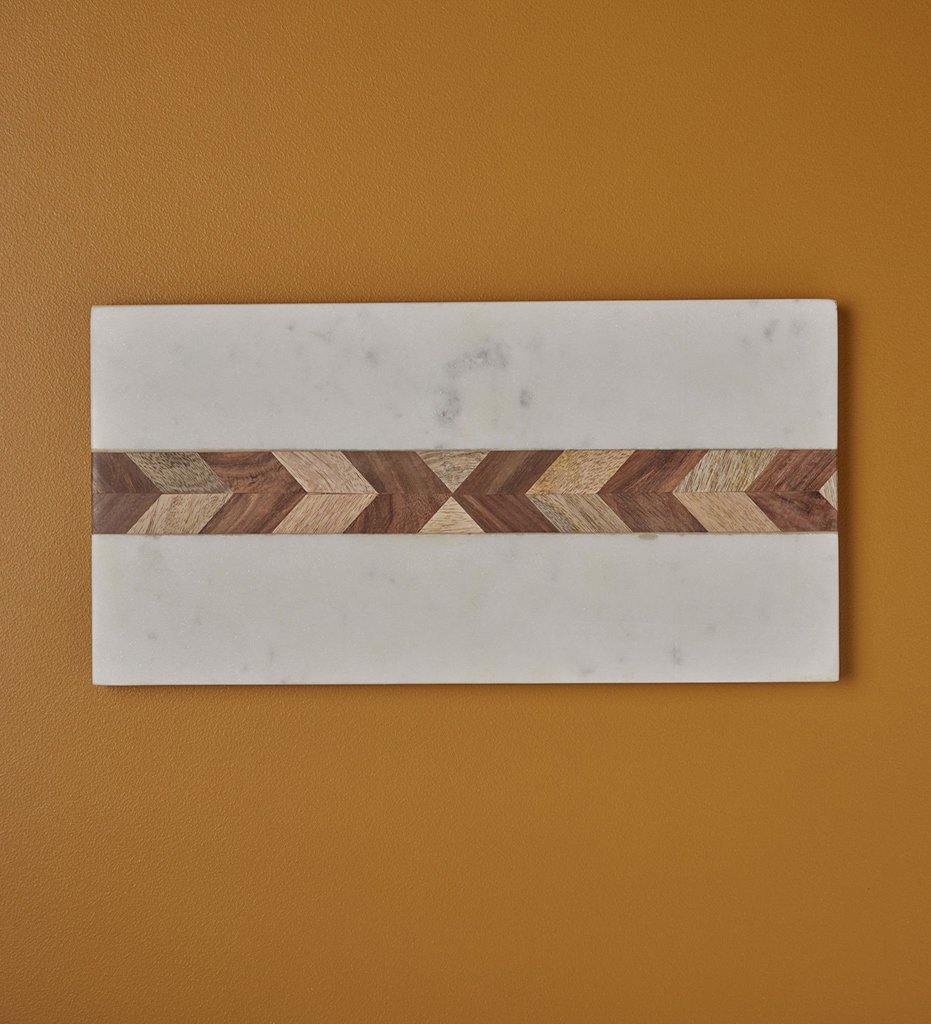 White Marble and Wood Mosaic Rectangular Board