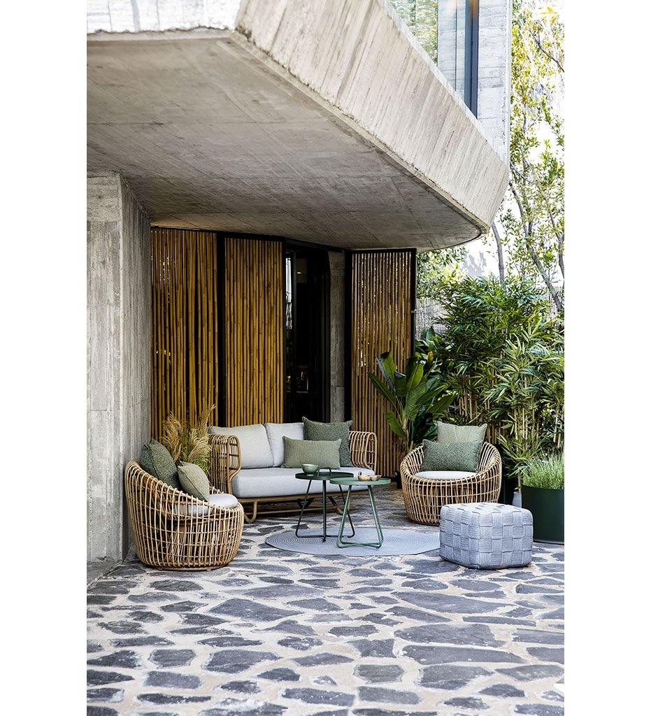 lifestyle, Cane-line Nest 2 Seater Outdoor Sofa in All Weather Natural Rattan and Light Grey Cushions 57522USL