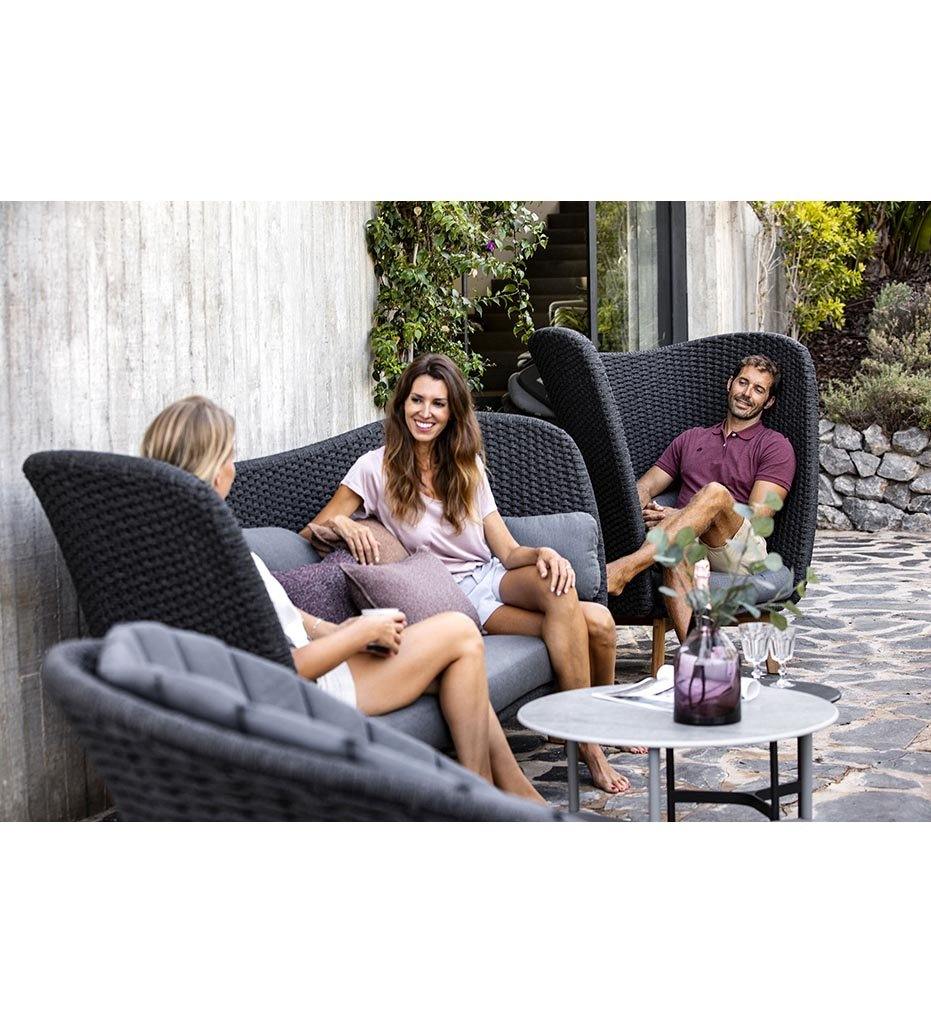 lifestyle, Cane-line Peacock Highback Lounge Chair with Dark Grey Rope, Teak Legs, and Grey Cushions 5460RODGT YSN95